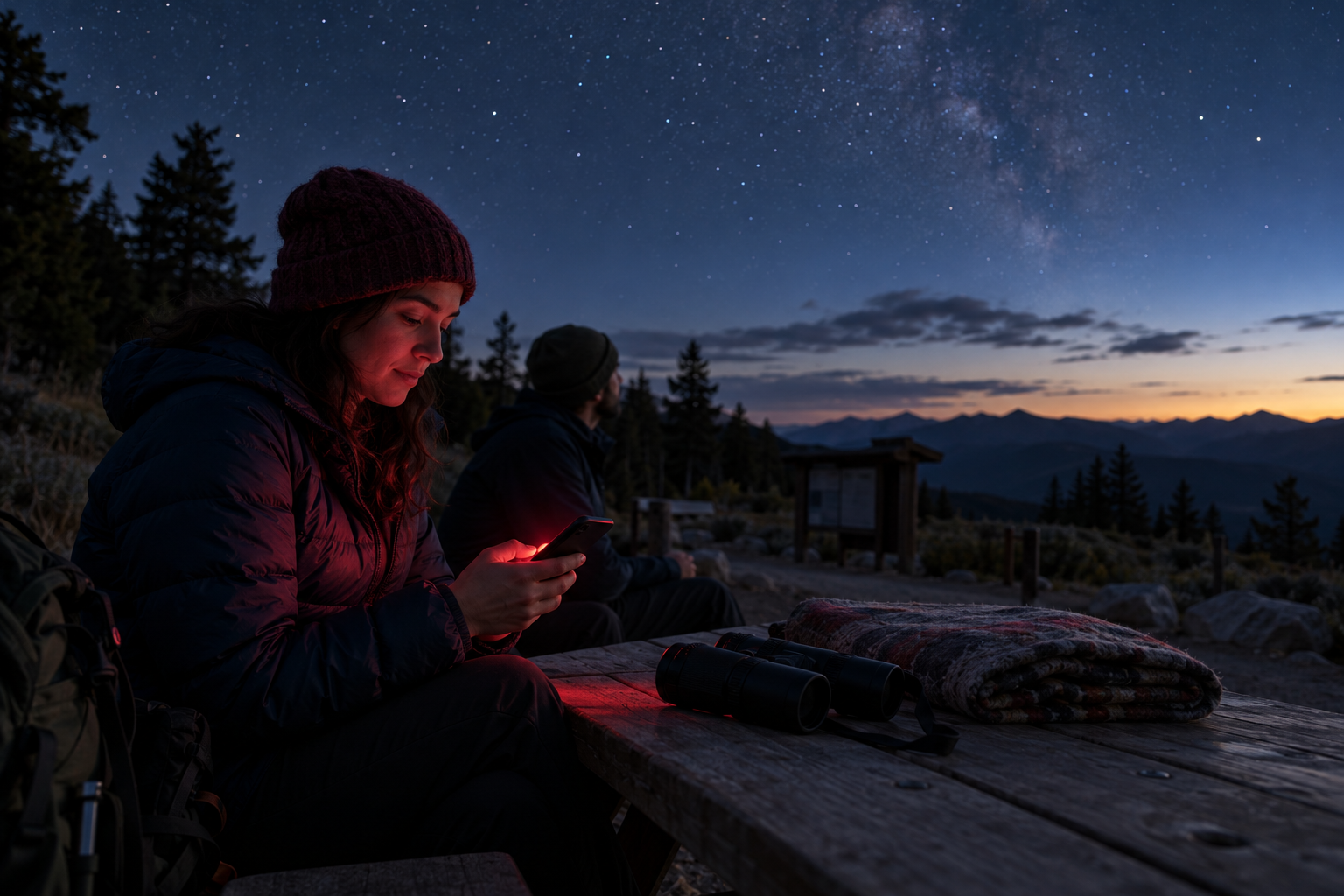 A stargazer checks a moonset time using red-safe light beside binoculars and a blanket.