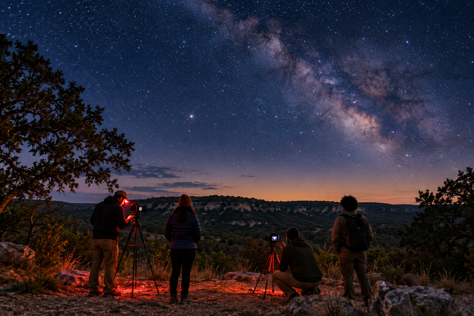 A group of friends uses camera tripods under a star-filled Hill Country sky.