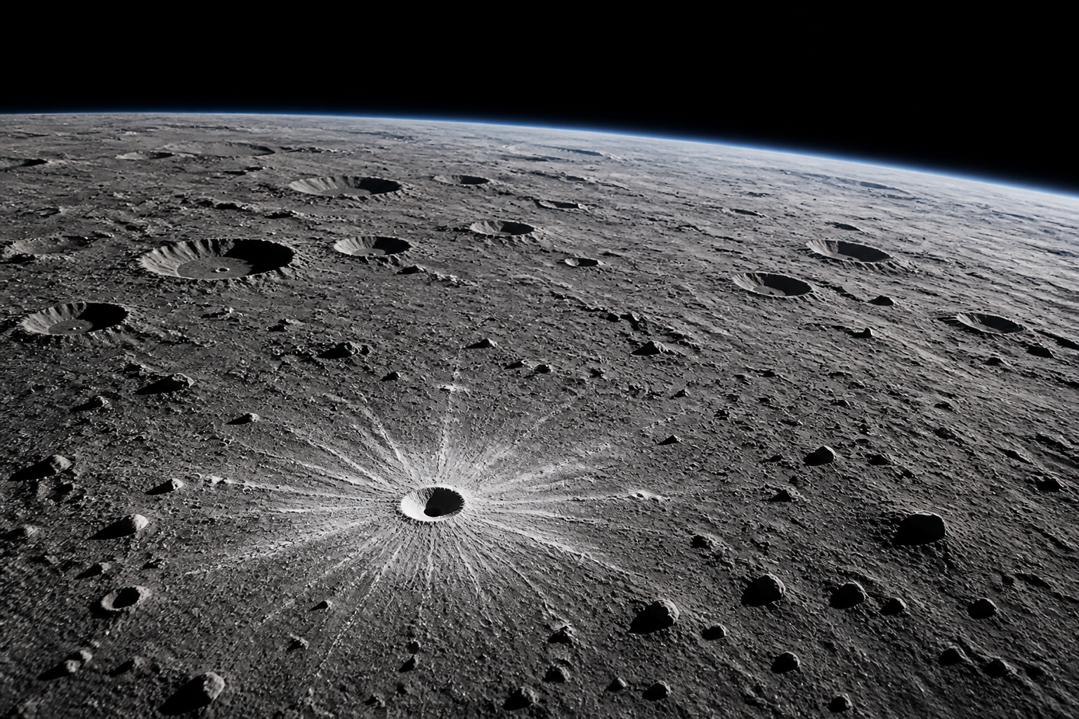 Fresh small lunar impact crater with bright ejecta on the Moon, viewed from low orbit.