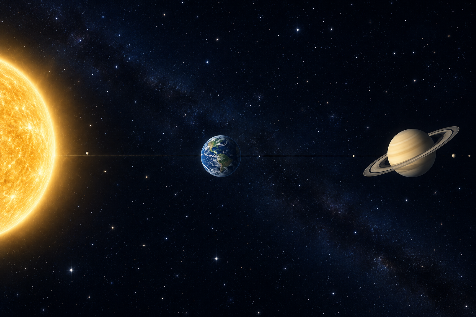 Sun, Earth, and Saturn arranged at opposition