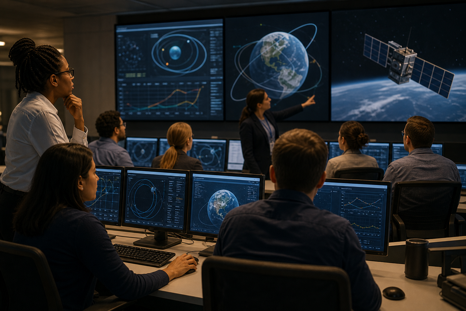A mission-operations team evaluates orbital telemetry during a spacecraft recovery effort