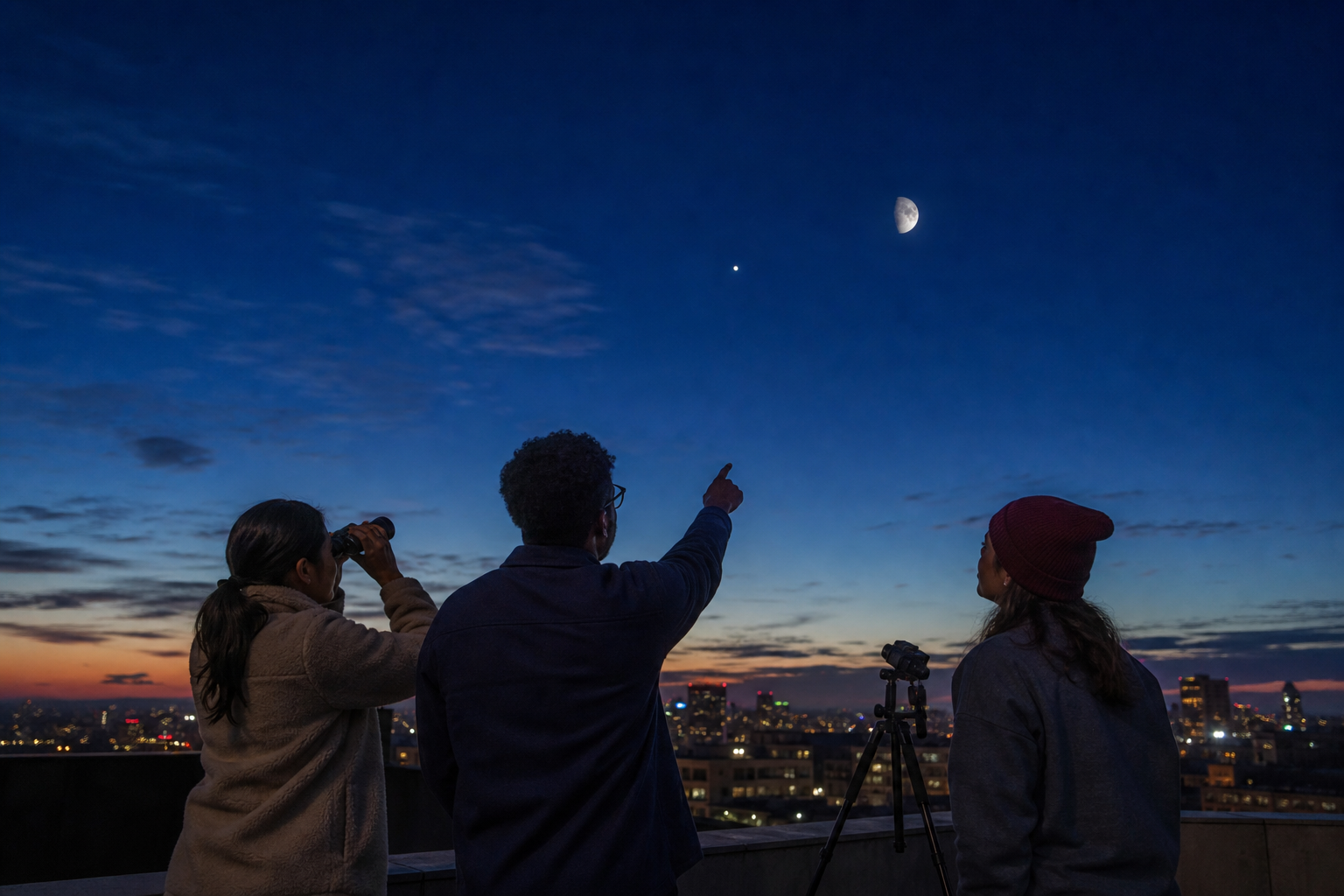Beginner skywatcher on a balcony before dawn with the Last Quarter Moon and Saturn visible low in the sky