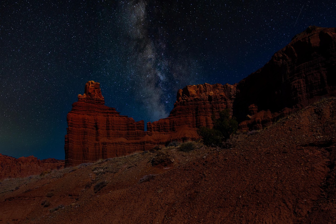 Desert red rocks under the Milky Way at night