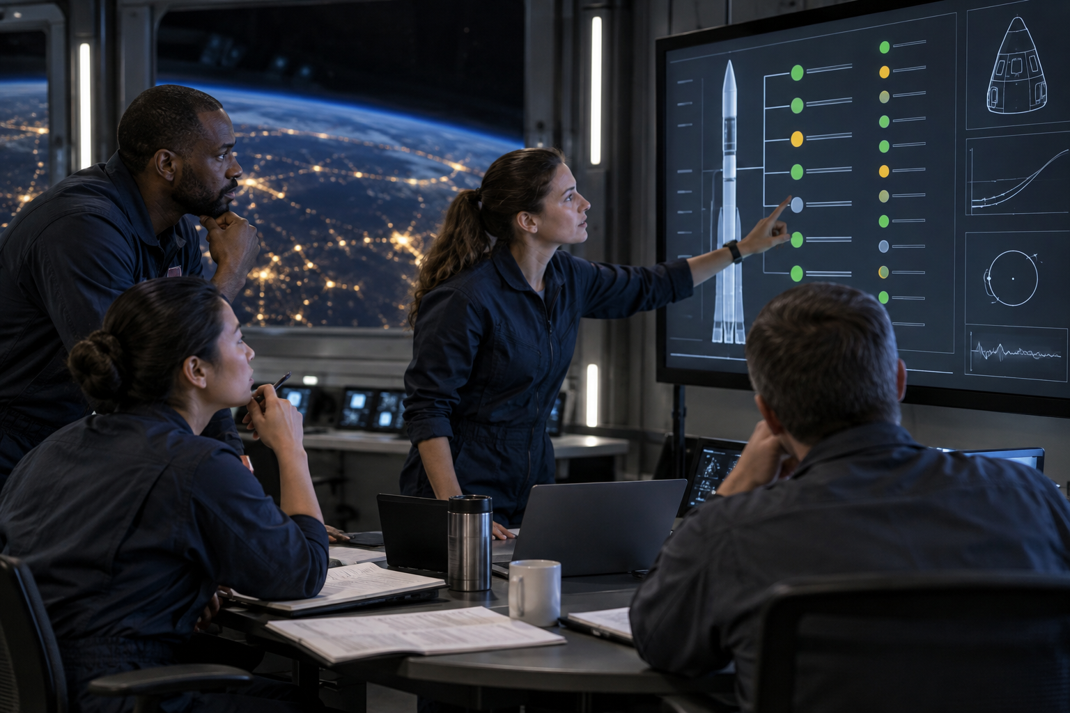 Mission specialists review an abstract rocket readiness checklist together in a control room.