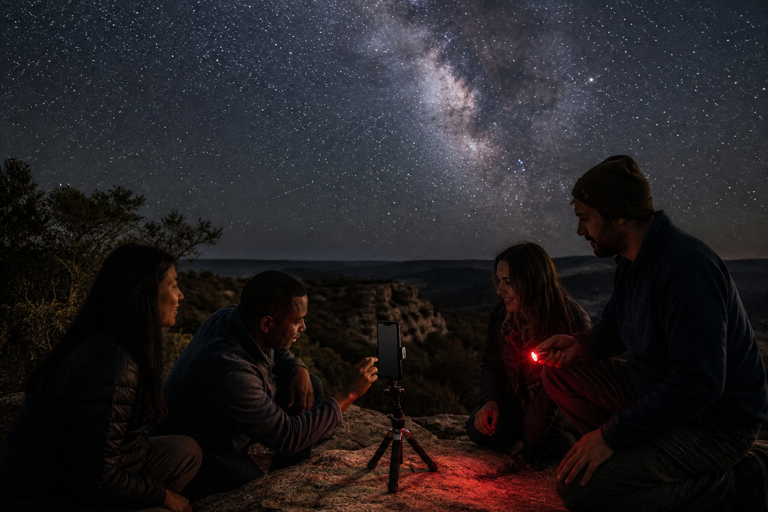 Friends use a smartphone on a small tripod to photograph stars from a Texas Hill Country overlook