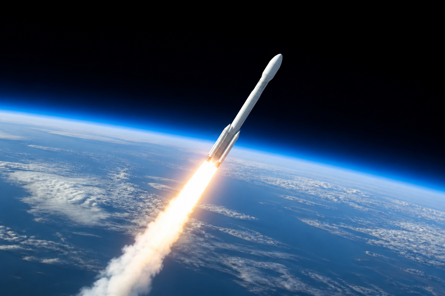 A rocket ascending above Earth on its way to orbit